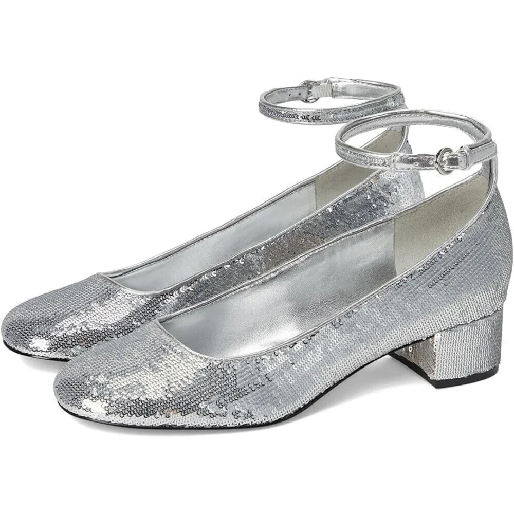 Nine West Amaize Dress Pump Women 12 Silver Sequin Block Heel Ankle Strap VER279